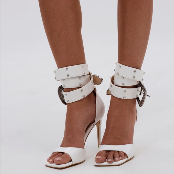 White Rhinestone Buckle Strap Stiletto Sandals - Picture 3 of 12